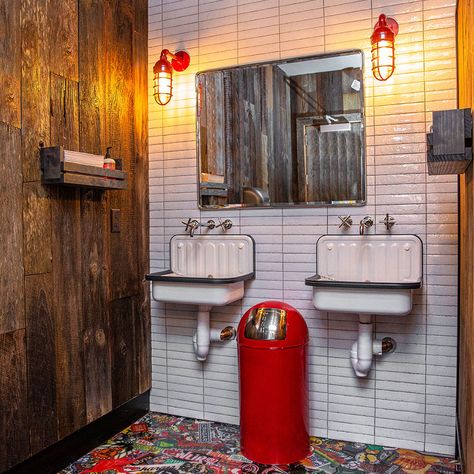 Restaurant Bathroom Ideas, Bar Bathroom Ideas, Best Paint For Wood, Restaurant Bathroom, Barn Light Electric, Restroom Design, Bar Bathroom, Public Bathrooms, Industrial Bathroom