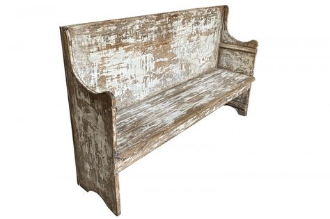 A rustic mid-19th century Banquette - Bench from the Catalan region of Spain.  Soundly constructed from sturdy painted wood.  Terrific patina and finish.  Seat height is 18". Primitive Bench, Banquette Bench, Spanish Villa, Church Pew, Wood Bench, French Art Deco, Pebble Beach, Garden Chairs, Banquette