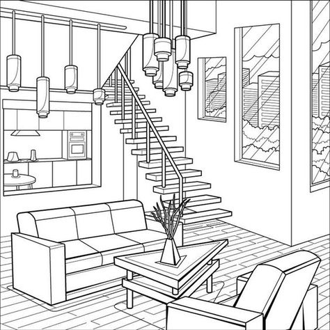 Indoor Perspective Drawing, Colouring Pages Aesthetic, Interior Design Sketchbook, Interior Architecture Drawing, House Colouring Pages, Make Up Ideas, Coloring Pages Inspirational, Interior Design Sketches, Detailed Coloring Pages