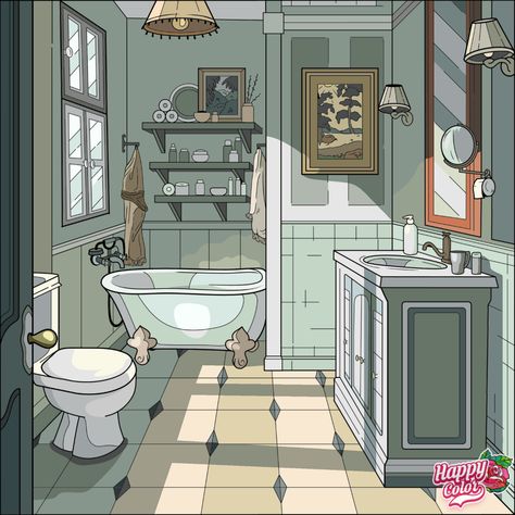 Drawing Bathroom, Cartoon Room, Bathroom Illustration, Bathroom Drawing, Cartoon Building, Bathroom Cartoon, Art Study, Background Drawing, Art Simple