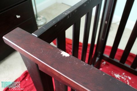 Old Crib with Bite Marks | TheTurquoiseHome.com Paint Crib Diy, Diy Crib Makeover, Painting Crib Diy, Crib Refinish, Crib Painting Ideas, Refinished Crib, Painted Cribs, Painting Crib, Crib Painting