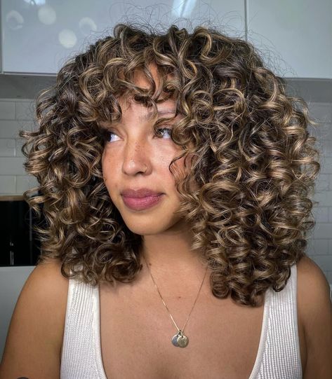 Accent Highlights Curly Hair, Short Curly Brunette Hair With Highlights, Blonde Highlights Short Curly Hair, Sunkissed Highlights Curly Hair, Spring Curly Hair Color, Dimensional Curly Hair, Sunkissed Hair Brunette Curly, Sunkissed Curly Hair, Short Curly Highlights