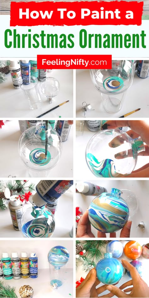 Swirl Ornaments Diy, Holiday Crafts For Kids To Give As Gifts, Marble Paint Ornaments Diy Christmas, Third Grade Ornament Craft, Bulb Ornament Crafts For Kids, Christmas Homemade Ornaments For Kids, Paint On Christmas Balls, Making Ornaments Diy, Clear Round Ornaments Diy Kids