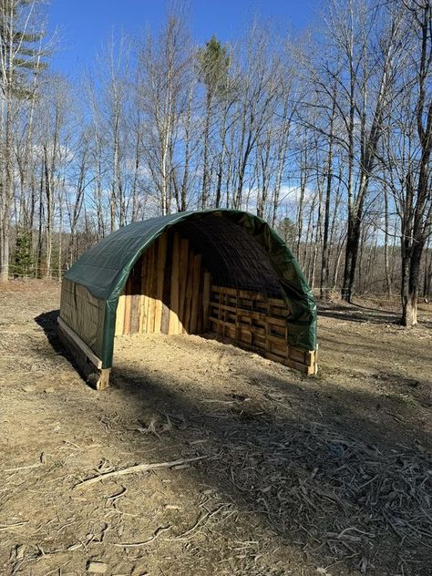 Easy Horse Shelter, Mini Horse Shelter, Horse Pasture Shelter, Horse Shelter Ideas Cheap, Hay Shelter, Diy Horse Shelter, Round Bale Feeder, Covered Riding Arena, Pasture Shelter