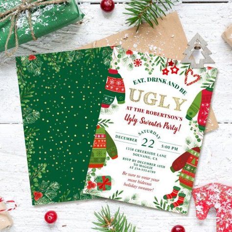 $2.80 | Greenery Gold Ugly Sweater Party Christmas Holiday #christmas, christmas party invitation, greenery, christmas party, ugly sweater, ugly sweaters, gift exchange, holiday party, gold, fun christmas party Things To Do At Christmas, Elegant Christmas Party Invitations, Ugly Sweater Invitations, Ugly Christmas Sweater Party Invitations, Fun Christmas Party Ideas, Ugly Sweater Christmas Party, Ugly Sweater Party Invitations, Elegant Christmas Party, Ugly Sweater Christmas