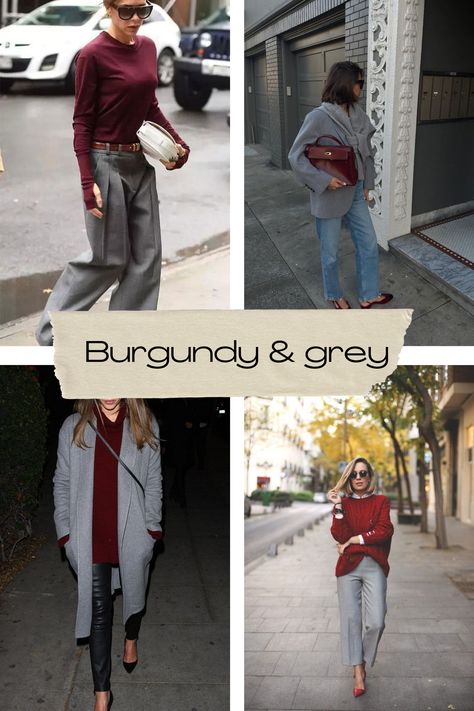 Dallas fashion blogger shares how to style burgundy for all and winter—burgundy and grey outfit inspiration Gray Burgundy Outfit, Burgandy Outfits For Women Winter, What Colors Go With Gray Outfits, Burgundy Fashion Outfits, Burgundy Hair Outfit Ideas, Burgundy Monochromatic Outfit, Grey Burgundy Outfit, Burgundy Shoes Outfit Women, Grey Color Combos Outfit