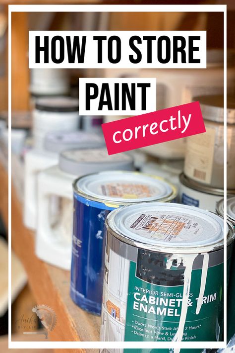 How to store paint the correct way. Learn all the tips and tricks on how to store paint the right way so it lasts a long time. Paint storage location, paint storage temperature. How to dispose of paint. #anikasdiylife Organizing Paint Cans, How To Organize Paint Cans, Storing Paint Supplies, Garage Paint Storage, How To Store Paint Cans, How To Organize Paint Supplies, Gallon Paint Can Storage Ideas, How To Store Paint, Paint Storage Ideas Garage