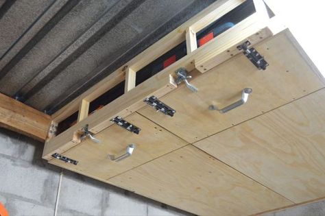 Between Joist Storage, Garage Storage Plans, Garage Workshop Layout, Garage Ceiling Storage, Garage Workbench Plans, Garage Ceiling, Roof Storage, Ceiling Shelves, Workshop Layout