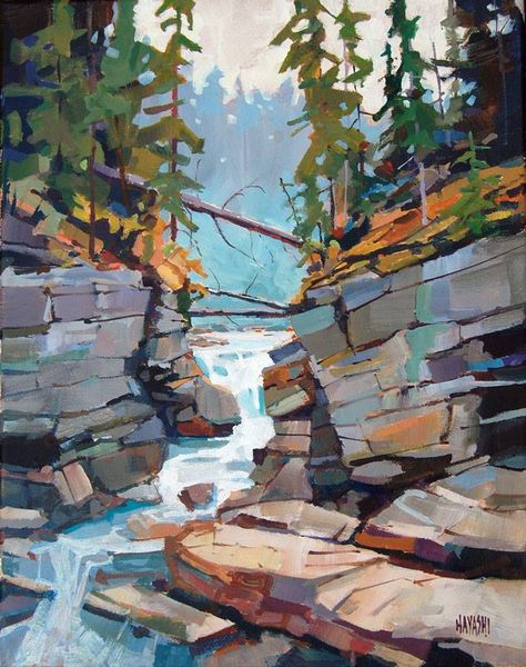 Painting by Canadian artist Randy Hayashi (born 1968): "Maligne Canyon" Randy Hayashi, Arte Peculiar, Canadian Art, Mountain Paintings, Canadian Artists, Tree Art, Watercolor Landscape, Art Techniques, Abstract Landscape