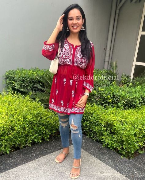 Short Chikankari Kurti With Jeans, Chikankari Kurti With Jeans, Clg Outfits, Jeans Kurti, Fancy Jeans, Short Kurti Designs, Kurti With Jeans, Ethnic Wears, Diwali Dresses