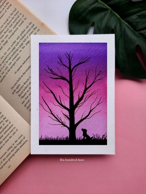 Shadow Painting Ideas On Canvas, Gradient Sky Painting, Gradient Painting Ideas, Canvas Scenery Painting Easy, Easy Watercolor Paintings Landscapes, Sunset Watercolor Painting Easy, Watercolour Gradient, Sunset Silhouette Painting, Scenery Painting Easy