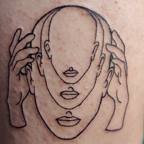 Black Line Tattoo Simple, Abstract Art Tattoo Simple, Trippy Face Tattoo, 3 Faces Tattoo, Small Abstract Tattoo, Black Abstract Tattoo, Picasso Tattoo, Surreal Tattoo, Minimal Tattoo Design