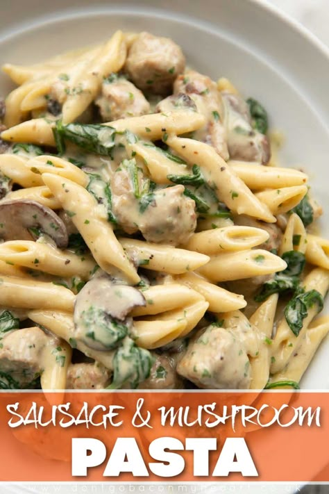 This creamy sausage and mushroom pasta is so delicious and truly couldn't be easier to make! Quick Easy Sausage Dinner, Sausage Mushroom Pasta Recipes, Sausage Heavy Cream Pasta, Maltese Sausage Pasta, Creamy Chicken Sausage Pasta, Creamy Bacon And Mushroom Pasta, Sausage And Mushroom Recipes, Recipes With Sage Sausage, Mushroom Sausage Pasta