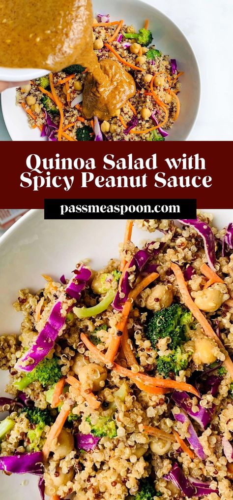 This blend of fresh veggies, protein-packed quinoa, and a creamy peanut sauce makes for a great flavorful plant-based protein dinner or meal prep that everyone will love. Flavored Quinoa Recipes, Blended Quinoa, Spicy Quinoa Recipes, Thai Peanut Quinoa Salad, Flavored Quinoa, Thai Quinoa Salad, Thai Quinoa, Thai Salad Recipes, Crunchy Thai Peanut & Quinoa Salad