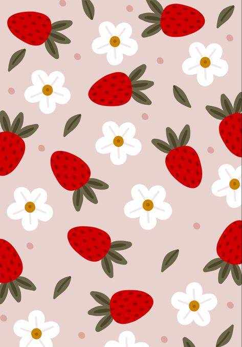 Strawberry And Daisy Wallpaper, Strawberry Aesthetic Painting, Strawberry Vector Illustration, Strawberry Phone Wallpaper, Strawberry Aesthetic Wallpaper, Strawberries And Daisies, Strawberry Flower, Daisy Wallpaper, Easter Wallpaper