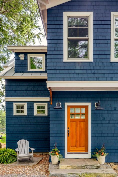 House Doors Colors, Navy Blue Houses, Dark Blue Houses, Best Exterior House Paint, Orange Front Doors, Best Front Door Colors, Blue Siding, Best Front Doors, Door Colors