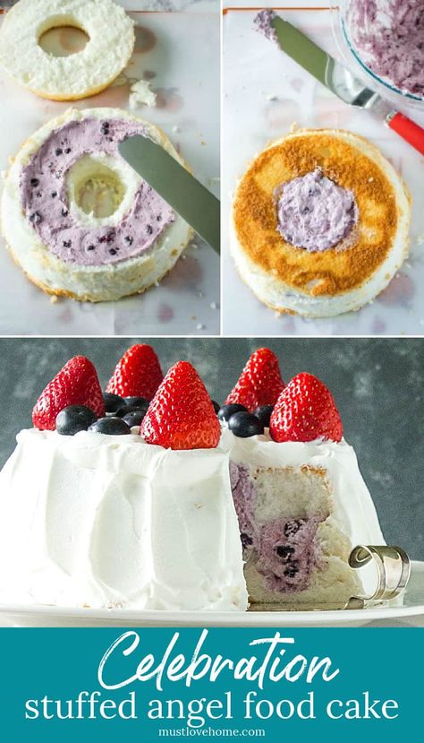 Stuffed Angel Food Cake, Angel Food Cake Ideas, Food Cake Ideas, Angel Food Cake Recipes, Quick Summer Desserts, Cupcakes Aesthetic, Summer Food Ideas, Blueberry Filling, Windows Ideas Exterior