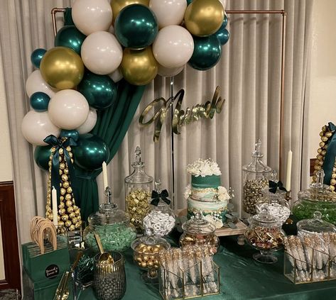 Emerald green candy table. Emerald green balloon arch. Emerald Green Centerpieces Sweet 16, Quiencera Themes Emerald Green, Emerald Green Snack Table, Emerald Green Dessert Table Ideas, Emerald Green Wedding Dessert Table, Emerald And Gold Dress, Emerald And Gold Dessert Table, Emerald Green And Gold Treats Table, Candy Table Ideas For Quinceanera Emerald Green