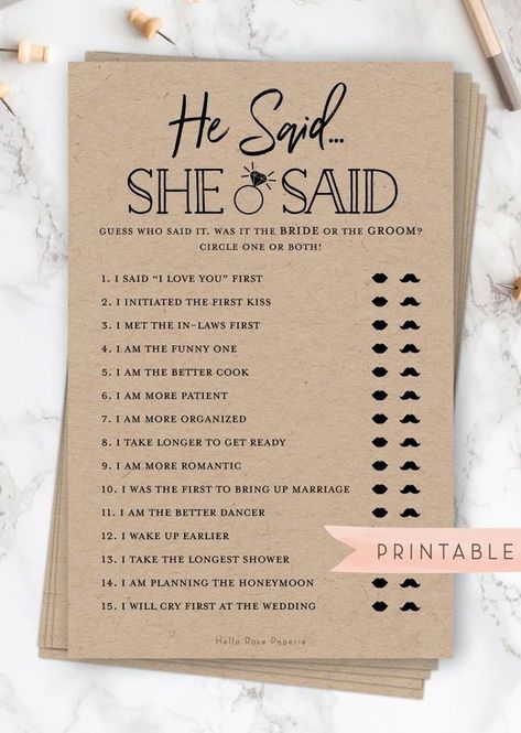 $3.75 · He Said She Said - Who Said It? Rustic Bridal Shower Game . Printable Instant Digital Download • This listing is a DIGITAL DOWNLOAD. You will not receive anything in the mail. You will receive 1 game… Fun Icebreaker Games, Rustic Bridal Shower Games, Bridal Shower Decorations Rustic, Fun Icebreakers, Bridal Shower Planning, Ice Breaker Games, Engagement Party Ideas, Printable Bridal Shower Games, He Said She Said