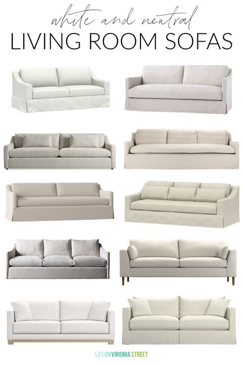 A curated collection of white and neutral sofas for your living room or family room! Includes linen sofas, cotton slipcovered couches, and more! Also includes brands like Crate & Barrel sofas, Pottery Barn couches, and more! Neutral Sofas, Olive Green Sofa, Pottery Barn Couch, Pottery Barn Sofa, Neutral Couch, Lake House Furniture, Pottery Barn Living Room, Brown Couch Living Room, Neutral Sofa