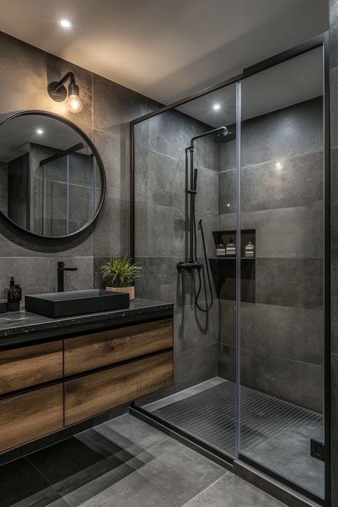 Discover modern bathroom ideas with this sleek design featuring a glass shower enclosure, dark tiles, and contemporary fixtures. The mix of wood and black elements creates a stylish and functional space that’s perfect for relaxation. #ModernBathroomIdeas #HomeDesign #BathroomInspo Small Modern Ensuite Bathroom Ideas, Shower For Couples Bathroom, Dark Tiled Bathrooms Ideas, Black N White Interior Design, Bathroom Modern Industrial, Grey Stone Shower Ideas, Rustic Industrial Bathroom Design, Wood Black And Gold Bathroom, Men’s Restroom Ideas