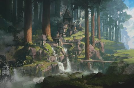 Dungeons And Dragons Artwork, Forest Village, Fantasy Village, Fantasy Town, Forest City, Location Inspiration, Fantasy Forest, 다크 판타지, Fantasy City