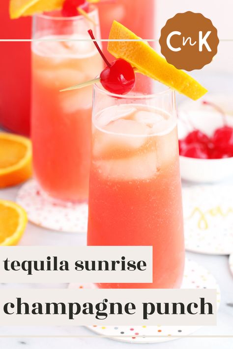 Tequila Sunrise Champagne Punch is a bubbly spin on the classic tropical cocktail that packs an extra special boozy kick. When it comes to summer gatherings, from Cinco de Mayo to a weekend patio brunch, you'll find yourself winning over a crowd with this oh-so easy and oh-so tasty drink. | cakenknife.com #tequilacocktail #tequilapunch #cincodemayo #brunchpunch Champagne Cocktails Easy, Brunch Drinks Alcoholic, Champagne Mixed Drinks, Tequila Punch, Champagne Punch Recipes, Champagne Sangria, Brunch Punch, Alcoholic Punch Recipes, Champagne Recipes Cocktails