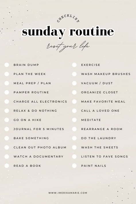 Today we are talking about refreshing and recharging for a new week or a new day. A Sunday Routine is so important when it comes to having a productive week. I will discuss my own routine and give you a checklist so you can create your own perfect Sunday routine! Reset Checklist 2023, Sunday Reset Cleaning Checklist, Sunday Reset Routine Checklist, Sunday Reset Checklist, Life Reset Checklist, Weekly Reset Checklist, Getting Your Life Together Checklist, Reset Routine Checklist, Weekly Reset Routine