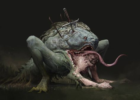 Giant Toad, Fallen Warrior, Dead Person, Dark Creatures, Evil Witch, Creatures Art, Cool Monsters, 다크 판타지, Monster Concept Art