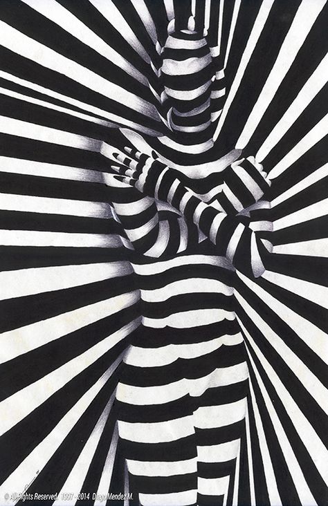 Girl in Stripes by Diego Mendez Montero, via Behance Striped Artwork, Zebra Art, Victor Vasarely, Striped Art, Optical Illusions Art, Illusion Art, Line Art Drawings, Op Art, White Art