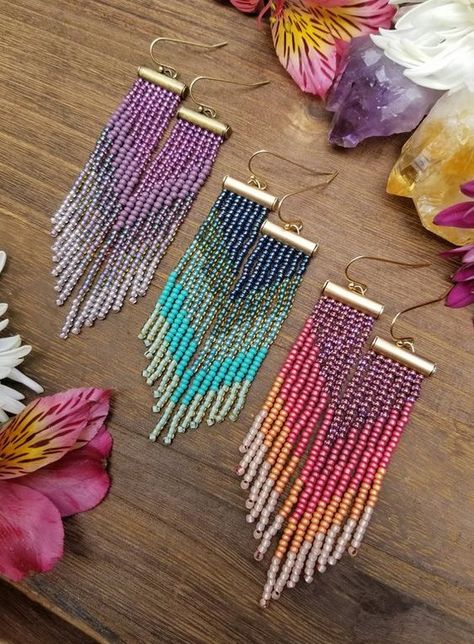 Etsy Bracelets, Seed Bead Fringe Earrings, Bead Fringe Earrings, Bead Fringe, Beaded Fringe Earrings, Beaded Earrings Tutorials, Beaded Earrings Diy, Seed Bead Patterns, Seed Bead Tutorial