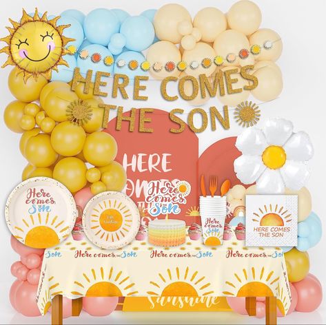 Here Comes The Son, Baby Shower Background, Baby Shower Theme Decorations, Sunshine Baby Showers, Sunshine Birthday, Summer Baby Shower, Cake Banner Topper, Bloom Baby, Boy Baby Shower Themes