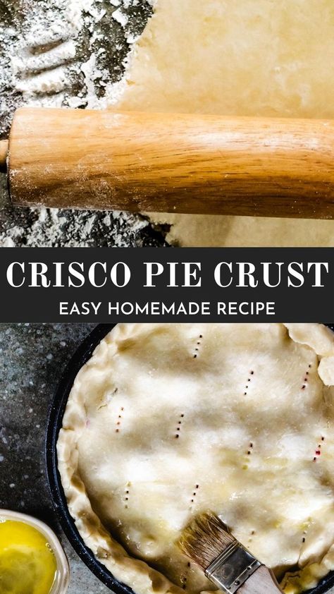 A rolling pin rolling Crisco pie crust dough out and fitting it into a pie pan. Pie Crust Recipe With Vinegar, Shortening Pie Crust, Pie Crust With Shortening, Crisco Pie Crust Recipe, Crisco Pie Crust, Easy Flaky Pie Crust, Savory Pie Crust, Sweet Pie Crust, Beautiful Pie Crusts