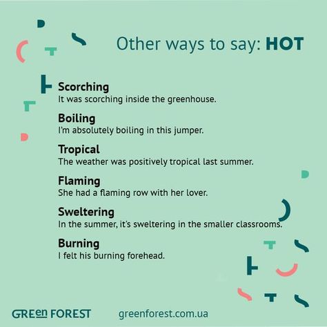 Synonyms for "HOT". Other Ways To Say, English Vocab, English Tips, Words To Use, English Idioms, English Writing, English Language Learning, Education English, English Study