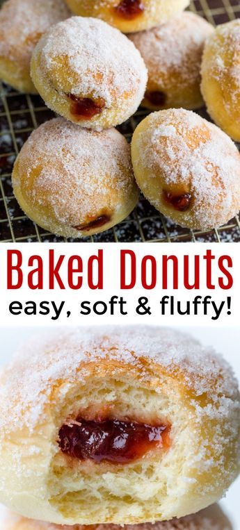 The fluffiest, melt-in-your-mouth delicious baked donut recipe! These are stuffed with jelly and coated with sugar and there is just 1 Tbsp of butter to coat all 12 donuts. These baked donuts always disappear fast! #donuts #doughnuts #bakeddonutrecipe #donutrecipe #doughnutrecipe #homemadedonuts #natashaskitchen Donuts Filled, Baked Donut Recipe, Baked Donuts Easy, Baked Donut, Donut Filling, Baking Breakfast, Homemade Donuts Recipe, Baked Doughnuts, Jelly Desserts