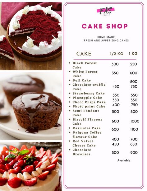 Cake Business Plan, Cake Pricing Chart, Choco Chips Cake, Cake Bakery Shop, Cake Shop Design, Baking Quotes, Baking Logo, Cake Cafe, Bakery Menu