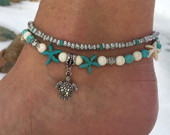 Turtle Anklet, Beach Turtle, Starfish Anklets, Beaded Ankle Bracelets, Leg Chain, Beaded Ankle, Ankle Jewelry, Anklets Boho, Beads Charm