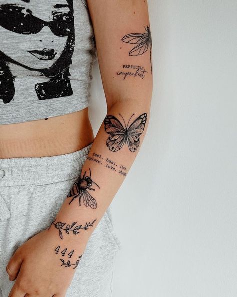 A collection of delicate tattoos on a woman's arm featuring a detailed butterfly, a bee, floral designs, the phrase "perfectly imperfect," and the number "444," Beautiful Arm Tattoos For Women, Ladies Arm Tattoo Ideas, Women’s Arm Tattoos, Beautiful Arm Tattoos, Feyre Arm Tattoo, Half Sleeve Tattoos For Women Upper Arm, Side Arm Tattoos For Women, Side Forearm Tattoo Women, Inner Arm Tattoos For Women