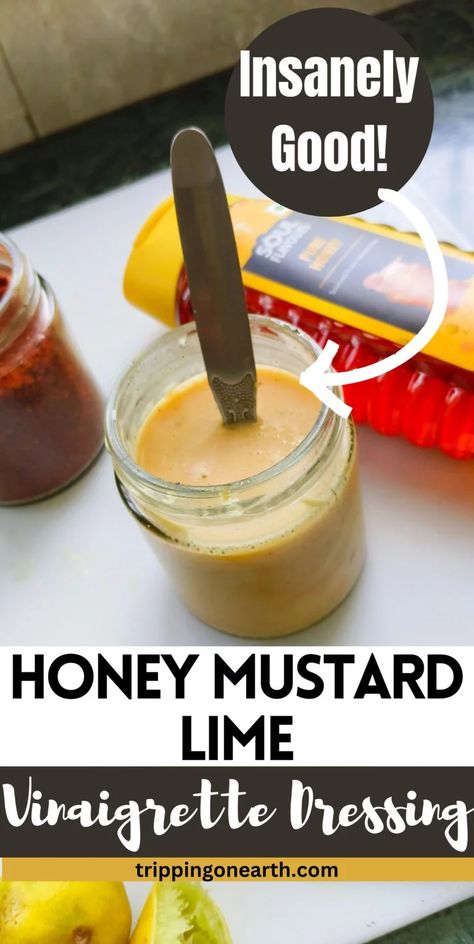 Honey Mustard Lime Vinaigrette Dressing: Insanely Good! - Tripping On Earth Lime Vinaigrette Dressing Recipe, Lime Vinaigrette Dressing, Dijon Vinaigrette Dressing, Honey Lime Vinaigrette, Honey Dijon Dressing, Vinaigrette Dressing Recipe, Honey Mustard Vinaigrette, Dijon Vinaigrette, Christmas Salads