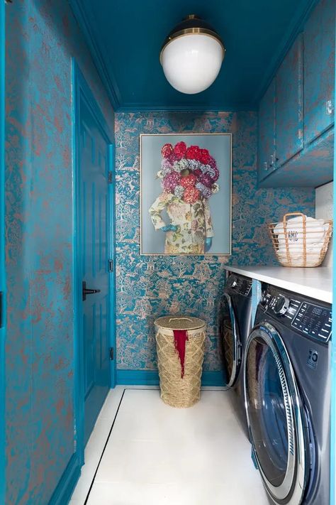 One Room Challenge – Colorful Reveals Maximalist Wallpaper, Laundry Room Lighting, Laundry Room Flooring, Laundry Mudroom, Laundry Room Inspiration, Mud Rooms, Teal Wallpaper, The Tile Shop, Emily Henderson