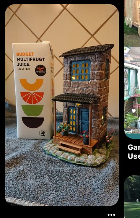 Recycled Miniature House, Milk Carton Fairy House, Miniature Houses Diy Cardboard, Mini House Model, Easy Garden Decor, Carton House, Milk Carton Crafts, Cardboard Box Houses, Fairy House Crafts