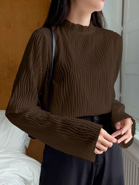 Coffee Brown Casual Collar Long Sleeve Fabric Plain  Embellished Non-Stretch  Women Tops, Blouses & Tee Brown Top Outfit, Spring Fashion Outfits Casual, Early 2000 Fashion, Adrette Outfits, Brown Blouse, Chic Fall Outfits, Deep Autumn, My Colors, Fashion Trends Winter