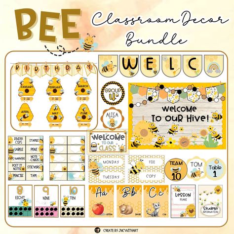 BEE Themed Classroom Decor Bundle Save and get value for dollar with this bundle! Remark : No included font The pack include :  1 PDF file and Download via google drive Alphabet Posters Number Posters Bulletin Board Kit Flip Calendar Voice Levels Chart Desk Name Plates Amazing Work Coming Soon Posters Rolling Cart Labels Binders Cover & Spines Birthday Chart Bunting Banner Meet The Teacher Forms All About Me Poster Day Of The Week Posters Table or Group Signs Classroom Jobs Chart Since many of t Preschool Classroom Decor Themes Free Printable, Bee Theme Classroom Ideas, Daycare Room Themes, Bee Classroom Theme, Back To School Classroom Decorations, Classroom Job Chart, All About Me Poster, Themed Classroom Decor, Classroom Diy