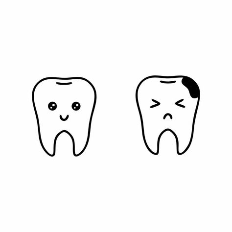 Two teeth with cute faces. A healthy tooth and tooth decay. Vector set on the topic of hygiene and oral care. Illustration for a dental clinic. Tooth Pictures Cute, Cartoon Teeth Drawing, Cute Tooth Drawing, Tooth Drawing Cute, Teeth Illustration Art, Teeth Doodle, Medicine Doodles, Tooth Doodle, Tooth Drawing