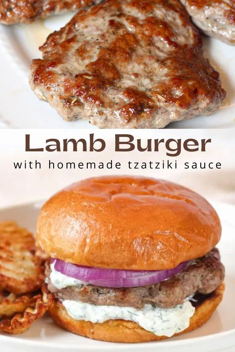 These juicy and flavorful lamb burgers with tzatziki sauce are a wonderful switch-up from your normal beef burgers. Filled with deep lamb flavor these tender lamb patties are topped with a homemade tzatziki sauce and sliced red onions on a toasted buttery bun. Served with crinkle fries for the ultimate summer meal! Gyro-style Lamb Burgers With Tzatziki And Grilled Onions, Lamb Hamburger Recipes, Ground Lamb And Beef Recipes, Lamb Patties Recipes, Lamb Burgers With Tzatziki, Lamb Burgers Patties, Ground Lamb Burgers, Lamb Meals, Lamb Burger Recipe