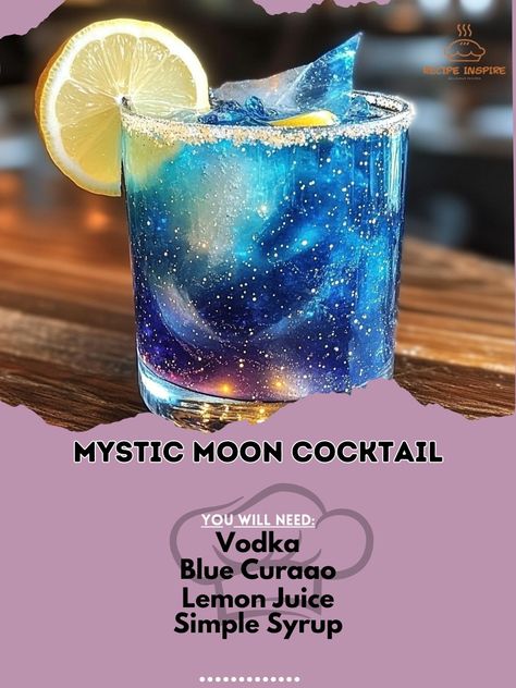 1. Unleash your inner mixologist with our captivating Mystic Moon Cocktail! ✨🌙 2. Mystic Moon Cocktail 3. Ingredients: - Vodka (2 oz) - Blue Curaçao (1 oz) - Lemon Juice (1 oz) - Simple Syrup (0.5 oz) - Soda Water (to top) - Lemon Slice (for garnish) - Edible Glitter (optional) 4. Instructions: - Fill a shaker with ice. - Add vodka, blue curaçao, lemon juice, and simple syrup. - Shake well until chilled. - Strain into a glass filled with ice. - Top with soda water and stir gently. - Garnish... Russian Blue Moon Drink, Blue Moon Drinks, Celestial Cocktails, Moon Cocktail, Food Design Ideas, Michelin Food, Vodka Blue, Drinks Ideas, Mystic Moon