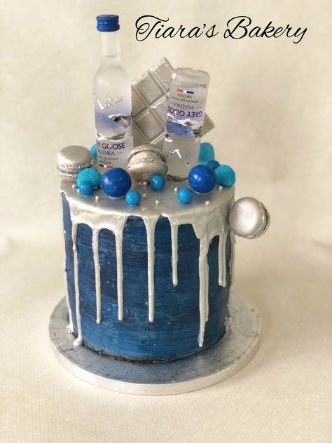 Blue And Grey Birthday Cake, Grey Goose Birthday Cake, 18th Birthday Cake Blue And Silver, Goose Cake Ideas, Blue And Silver Cake Ideas, Blue And Silver Cake For Men, Grey Goose Cake, Blue And Silver Birthday Cake, Silver Drip Cake