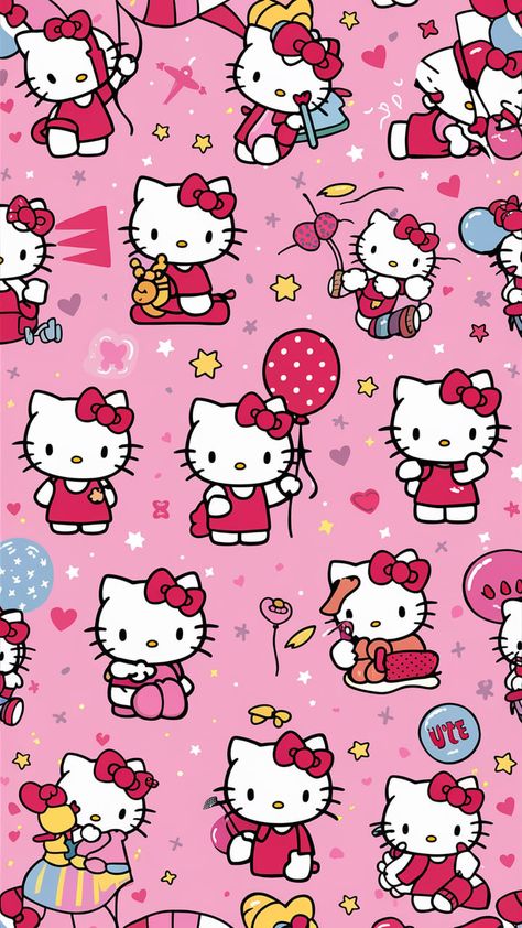 Step into a vibrant world of joy with our delightful pink wallpaper adorned with cheerful Hello Kitty designs! Featuring a spectrum of pink shades from light to pastel, this enchanting wallpaper showcases Hello Kitty in playful and whimsical poses—holding balloons, playing with toys, or simply smiling. Subtle patterns of tiny stars, hearts, and polka dots add to the cute and lively atmosphere, making this the perfect backdrop to capture the timeless charm and innocence of Hello Kitty. Bring a warm, inviting, and utterly cheerful aesthetic into your space! Whimsical Poses, Cheerful Aesthetic, Enchanting Wallpaper, Holding Balloons, Hello Kitty Backgrounds, Pink Shades, Tiny Star, Kitty Wallpaper, Hello Kitty Items