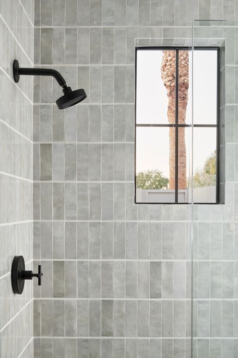 Stacked shower tile Grey Vertical Tile Bathroom, Gray Tile Shower, Vertical Shower Tile, Gray Shower Tile, Nomad Design, Subway Tile Showers, Beach House Bathroom, Grey Subway Tiles, Subway Tiles Bathroom