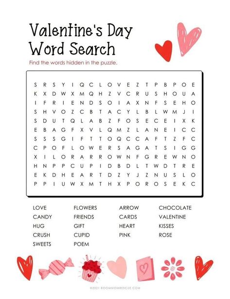 This easy Valentine’s Day FREE printable word search puzzle is perfect to include among your Valentine’s Day activities and games for elementary school-aged kids. Get the best Valentines ideas for February classroom crafts, preschool class party ideas, & Valentines Day tips at roommomrescue.com! Valentines Day Worksheets 2nd Grade, Valentines Activities For 3rd Grade, Valentines Class List Template Free Printable, Valentine’s Day 4th Grade, Valentines Day Crafts 2nd Grade, 5th Grade Valentines Activities, 2nd Grade February Activities, Valentine’s Day 3rd Grade, Valentines Crafts For 4th Graders